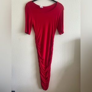 Red Windsor midi dress with ruched sides and long sleeves